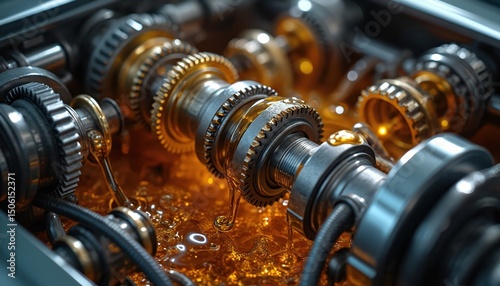 Engine detail close-up. Pistons, gears, oil lubricate internal combustion engine. Auto mechanic repair, car maintenance concept. Shiny metallic parts, automotive tech, machine work.