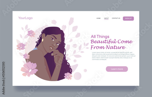 Woman with long curly hair surrounded by flowers in a flat design style on a white background with soft purple accents. Concept of beauty and nature. Vector illustration
