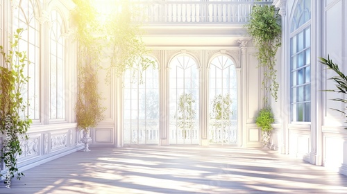 Sunlight streams into a sunlit  ornate white interior.