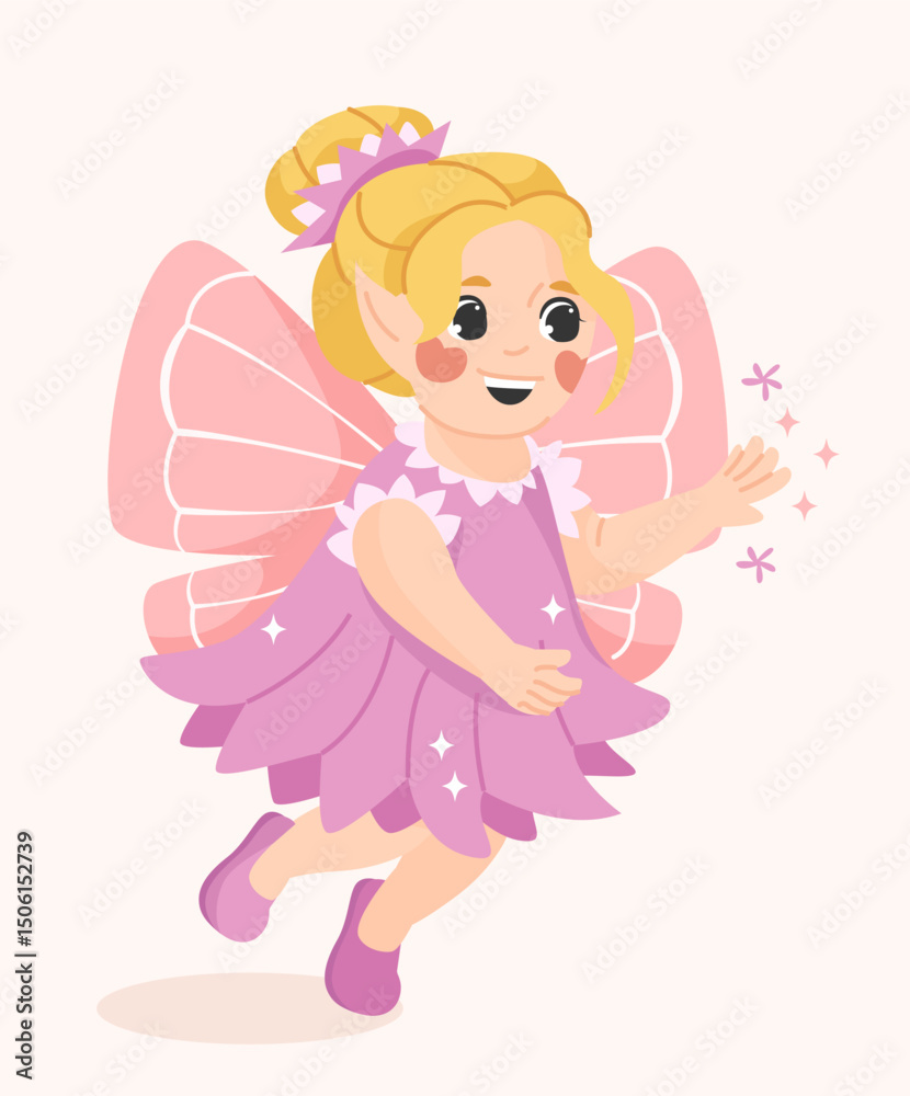 Adorable little fairy girl with blonde hair, pink wings, and a purple dress flying happily on a light background with sparkles around her. Vector illustration Adorable little fairy girl with blonde hair, pink wings, and a purple dress flying happily on a light background with sparkles around her. Vector illustration