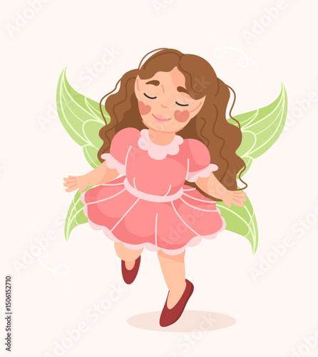 Adorable little fairy girl with green leaf wings, curly brown hair, and a pink dress, standing on light background. Concept of fantasy, childhood, magic. Vector illustration