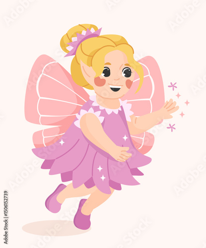 Adorable little fairy girl with blonde hair, pink wings, and a purple dress flying happily on a light background with sparkles around her. Vector illustration