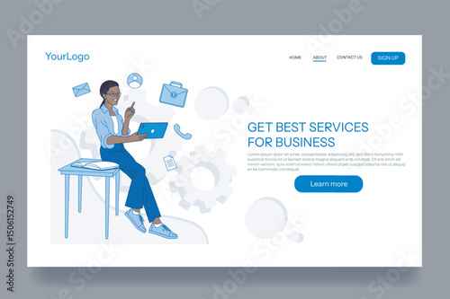 Businesswoman using tablet while sitting on desk, surrounded by service icons, in flat graphic style, on white background. Concept of digital business solutions. Vector illustration