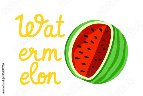 Cartoon watermelon with seeds and colorful striped skin beside playful yellow handwritten text on a white background. Concept of summer fruit. Vector illustration
