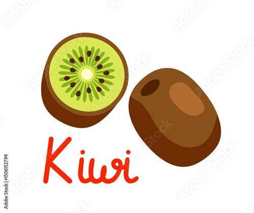 Whole and half kiwi fruit with green flesh and seeds, depicted in cartoon style on white background. Concept of tropical fruit and healthy food. Vector illustration