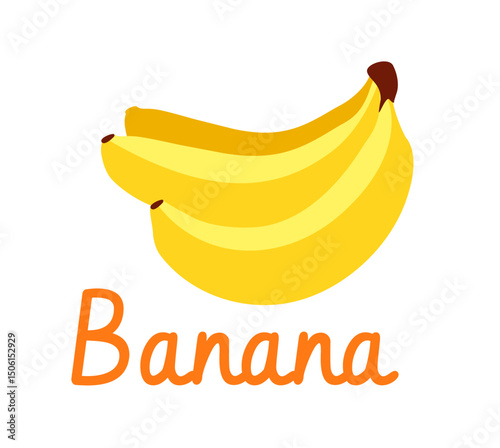 Bright yellow banana bunch with stylized shapes and bold outlines on a plain white background, concept of tropical fruit and healthy food. Vector illustration