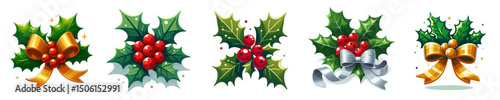 Christmas Holly Icon Set – Festive Leaves, Red Berries and Decorative Bows Vector Collection