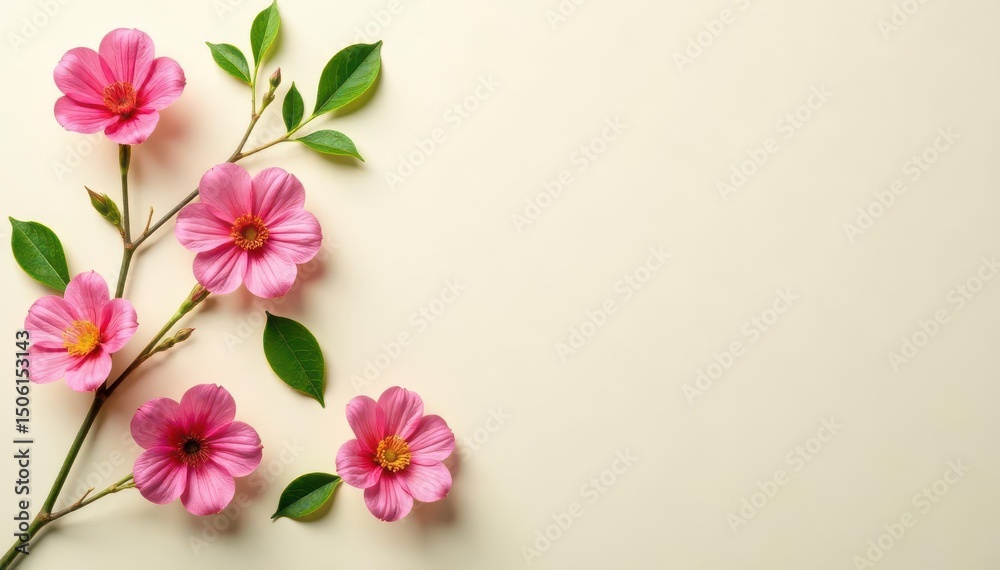 Naklejka premium Scattered single blooms, light green leaves on cream, leaves, subtle, spring