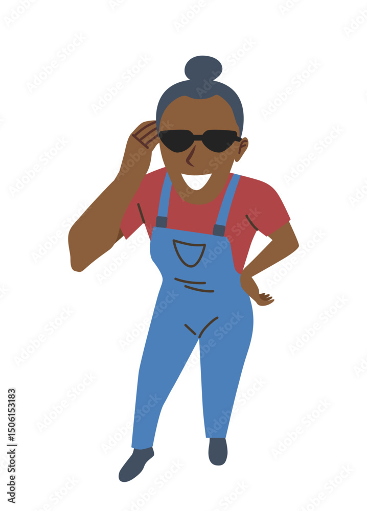 Cheerful woman in sunglasses wearing blue overalls and red shirt, flat graphic style on white background. Concept of confidence and casual fashion. Vector illustration Cheerful woman in sunglasses wearing blue overalls and red shirt, flat graphic style on white background. Concept of confidence and casual fashion. Vector illustration