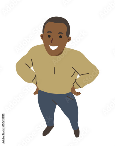 Cheerful man standing with hands on hips, viewed from above in flat cartoon style on white background. Concept of confidence and positivity. Vector illustration
