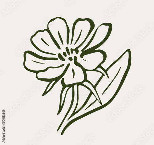 Hand-drawn flower with petals and leaves in dark green lines on a light background, expressing a minimalist botanical concept. Vector illustration