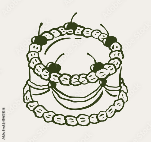 Decorative birthday cake topped with cherries and frosting, hand-drawn graphic style on a light background. Concept for celebration and dessert. Vector illustration