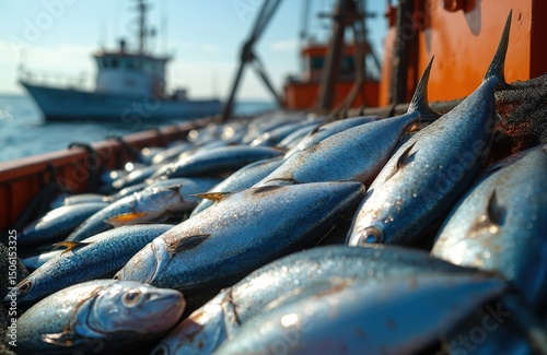 Freshly caught fish haul on a fishing boat. Commercial fishing operation at sea with haul of fresh catch. Maritime industry concept, aquaculture, seafood export, food supply chain.
