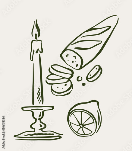 Hand-drawn sketch of a candle in holder, sliced bread, and a lemon half on a light background. Concept of rustic dining or vintage kitchen. Vector illustration