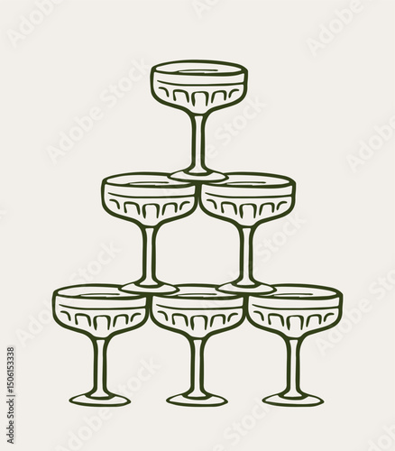 Six vintage coupe glasses arranged in a pyramid shape, simple line art style on a light background. Concept of celebration, elegance, and festivity. Vector illustration