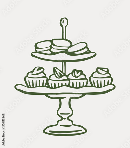 A dessert stand holding cupcakes and macarons drawn in a hand-drawn sketch style on a plain light background. Concept of bakery, sweets, and celebration. Vector illustration