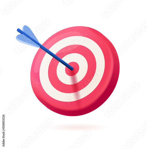 A blue dart hitting the bullseye of a red and white target on a clean white background, symbolizing accuracy, precision, and goal achievement. Soft 3d vector illustration