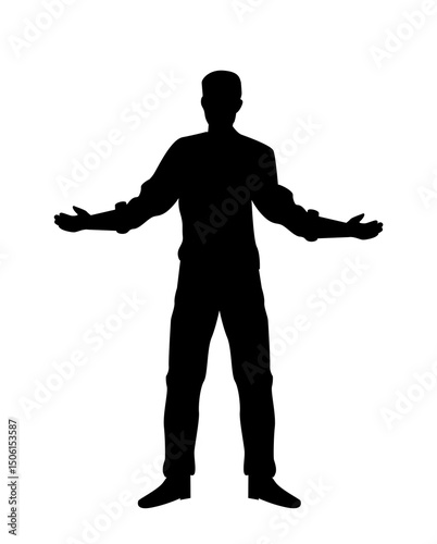 Silhouette of a standing man with arms open wide, casual posture, black graphic style on white background. Concept of welcoming or expressing openness. Vector illustration