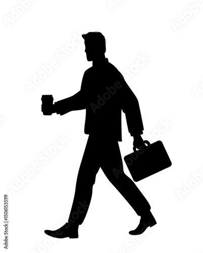 Silhouette of a businessman holding a coffee cup and briefcase walking quickly, minimal graphic style on white background. Concept of career or routine. Vector illustration
