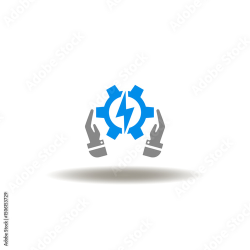Vector illustration of hand palms care gear wheel with lightning. Symbol of  Symbol of green energy generation. Icon of power charging.