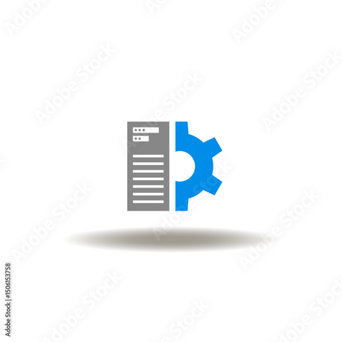 Vector illustration of server computer and gear wheel. Symbol of electronic archive management system. Icon of web database.