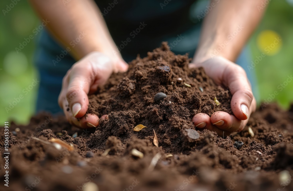 Hands holding dark soil, rich in nutrients. Community garden, agriculture theme. Concept sustainable eco friendly farming, healthy lifestyle, gardening, environmental protection. Close-up dirt, Hands holding dark soil, rich in nutrients. Community garden, agriculture theme. Concept sustainable eco friendly farming, healthy lifestyle, gardening, environmental protection. Close-up dirt,
