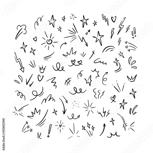 Set of hand drawn doodle cute design elements. Motion, movement, magic effect, heart, star shape. Handwritten sketch vector icons. Firework, burst, glitter, bling crayon playful freehand scribbles
