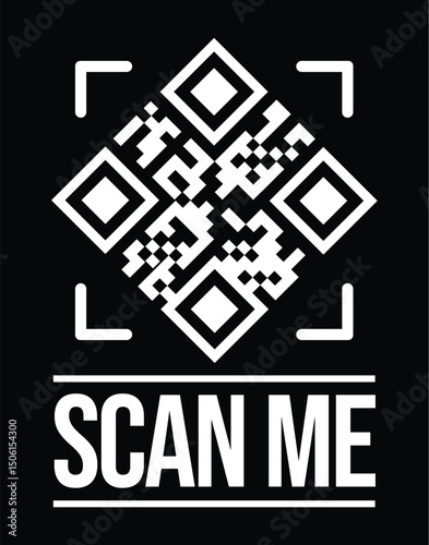Stylized QR code centered within a bold square frame, "SCAN ME" in bold uppercase sans-serif below. High-contrast black and white on black background. Ultra-clean minimalist design.