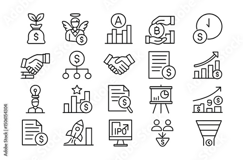 Line style icons of business funding stages: pre-seed round, seed funding, angel investor, Series A, Series B, Series C, venture capital, equity deal, term sheet, funding timeline
