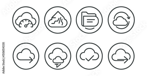 Line style icons of cloud performance: cloud with speedometer, performance boost icon, fast file transfer badge, high-speed sync ring, quick access cloud, turbo download arrow, optimized load icon