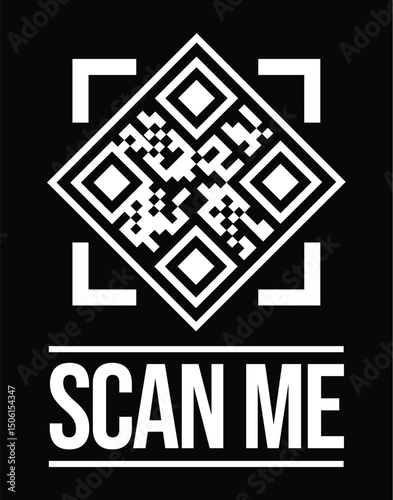Stylized QR code centered within a bold square frame, "SCAN ME" in bold uppercase sans-serif below. High-contrast black and white on black background. Ultra-clean minimalist design.