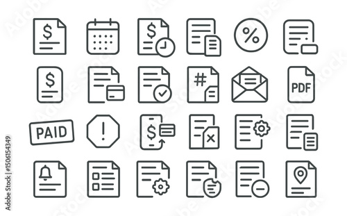 Line style icons of invoice and billing: invoice icon, due date, amount due, line items, billed hours, tax rate, subtotal, total amount, payment method, issue date, invoice number, email invoice