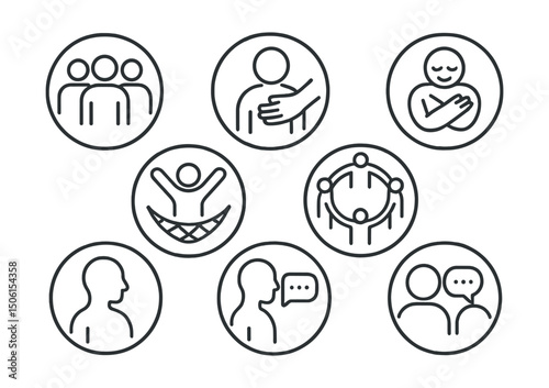 Line style icons of mental well-being: support system icon, person with helping hand, warm hug symbol, safety net badge, two people holding icon, supportive community ring, therapist chat bubble