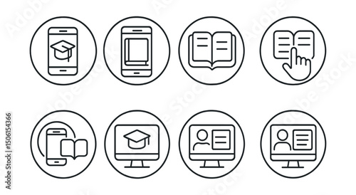 Line style icons of educational apps: mobile learning icon, smartphone with book, app-based course symbol, tap to study badge, study on the go ring, digital class screen, remote learning icon