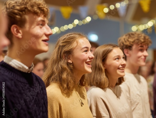 Group of Smiling Young Adults Looking Upward, Representing Optimism and Positive Outlook, Perfect for Teamwork and Community Engagement Campaigns : Generative AI