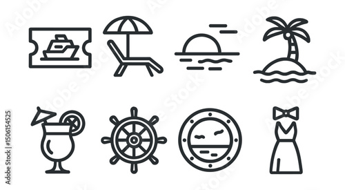 Line style icons of travel and leisure: cruise ticket icon, ship deck chair, sunset at sea, island stopover, tropical drink on board, captain’s wheel, porthole view, evening gala outfit.