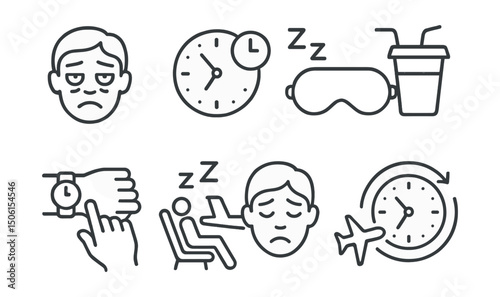 Line style icons of travel and leisure: jet lag face, time zone clock, sleep mask icon, hydration during flight, adjust watch icon, rest during transit, travel fatigue symbol, adapt to local time.