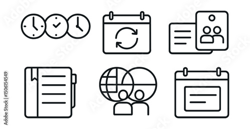 Line style icons of work and productivity: time zone clocks, calendar sync icon, meeting invite card, day planner icon, remote timezone overlap, shared schedule icon, task window, event block icon.