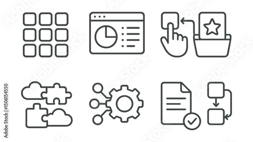 Line style icons of work and productivity: app launcher icon, multitool dashboard, custom shortcuts, favorite tools icon, software integrations symbol, automation gear, template icon