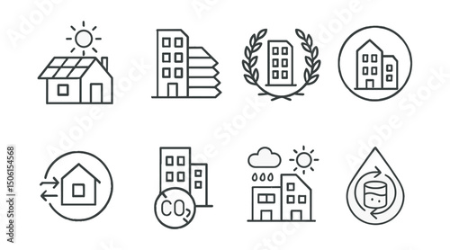 Line style icons of architecture and cities: rooftop solar panel, energy efficiency rating, LEED building icon, BREEAM certification, natural airflow badge, zero-carbon symbol, climate adaptive design
