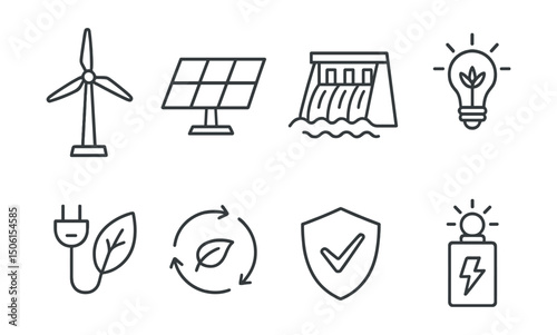 Line style icons of nature and ecology: wind turbine icon, solar panel array, water power dam, clean energy bulb, electric plug leaf, renewable energy flow, energy saving badge, battery with sun.