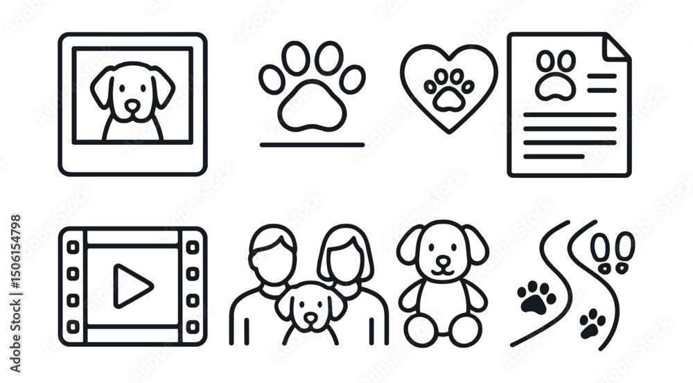 Fototapeta premium Line style icons of family memory archive: pet memory photo, paw print with date, animal keepsake icon, goodbye letter to pet, pet video reel, family with animal icon, toy of pet symbol