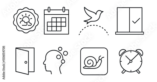 Line style icons of slow living practices: unplanned day badge, white space on calendar, freedom from schedule icon, block of rest symbol, leave room icon, mental spaciousness badge, slow time block