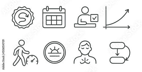 Line style icons of slow living practices: no rush badge, “do less” calendar, single task icon, slow intention chart, pacing guide icon, focus on now badge, breath before action icon