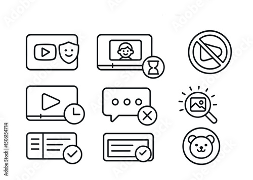 Line style icons of digital safety for kids: YouTube kids safe icon, curated video content, no autoplay badge, video timeout icon, comment section blocked, visual content scan icon, kid playlist check