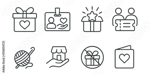 Line style icons of conscious consumption: gift with meaning icon, donation in name badge, experience gift icon, shared activity voucher, handmade present, local maker gift, no wrap needed symbol