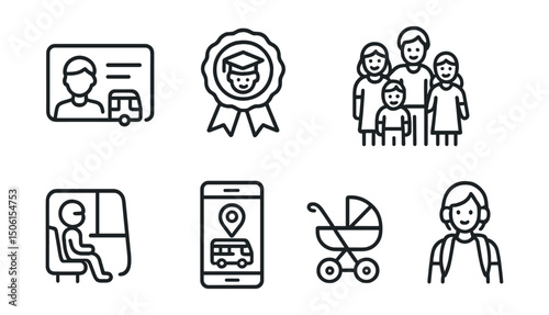 Line style icons of future urban transport: youth mobility pass, student bus discount badge, family travel plan, children-friendly seating, school shuttle tracker, stroller-friendly icon