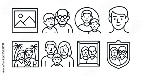 Line style icons of family memory archive: black-and-white photo icon, child with grandparent, generations together badge, young and old face icon, holiday family photo, group portrait sketch, framed
