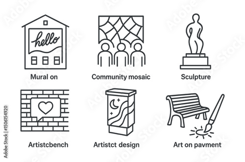 Line style icons of public art: mural on building wall, community mosaic icon, sculpture in plaza, street art with message, painted utility box, artistic bench design, open air gallery icon