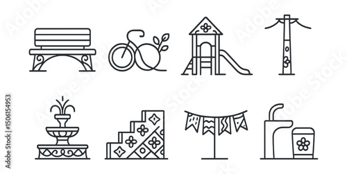 Line style icons of public art: art bench icon, artistic bike rack, playground with design, painted utility pole, decorated fountain base, tiled steps with pattern, canopy of art flags